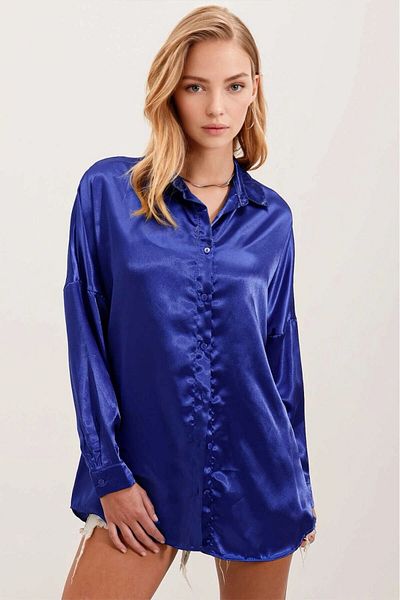 hazelin Cămașă supradimensionată, cu suprafață de satin, albastru vibrant, pentru femei HZL23S-BD139851