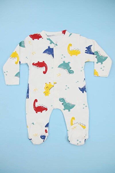 Lindakids Büyük Dinozor Desenli Beyaz %100 Pamuk Patikli Erkek Bebek Tulum