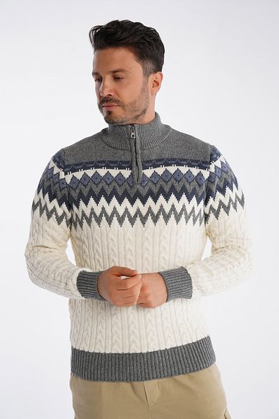 Trist Star Men's Bone Stand Collar Zippered Hair Braided Jacquard Patterned Knitwear Wool Sweater Trist-5323