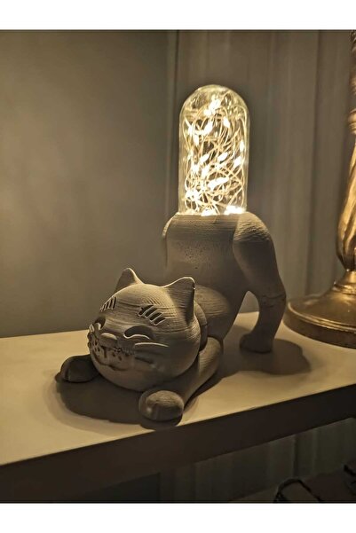 Duen Kedi Gece Lambası,Mumluk,Biblo,Işıklı Kedi (Beton)