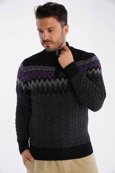 Trist Star Men's Anthracite Stand Collar Zippered Hair Braided Jacquard Patterned Knitwear Wool Sweater Trist-5323