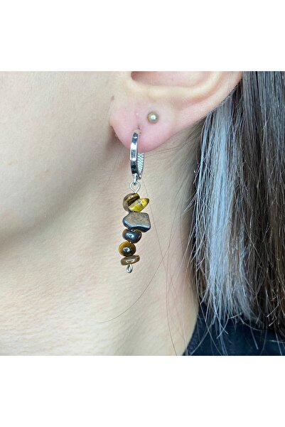 Elifsu Jewelry Tiger Eye Stone Natural Stone Earrings [Silver Color]