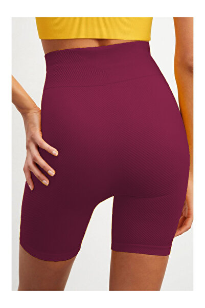 MİSTİRİK Felolin Model Ribbed Knitted Recovery Sports Shorts Seamless Firming Burgundy Color