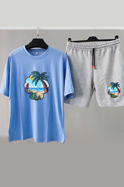 Vordevia Manzara Štampano svetloplava Oversize kroj T-shirt i kombinacija siv...