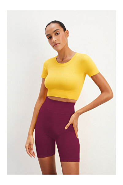 MİSTİRİK Felolin Model Ribbed Knitted Recovery Sports Shorts Seamless Firming Burgundy Color