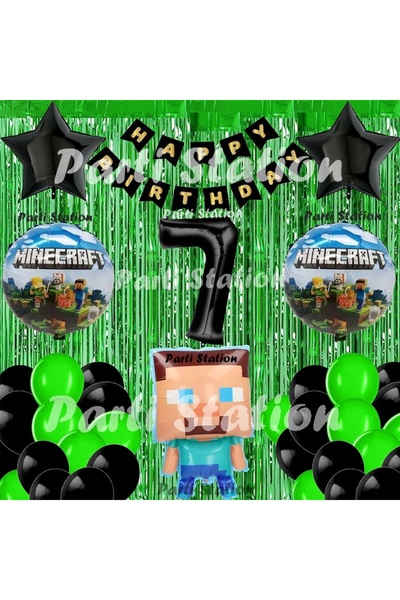 Parti Station Minecraft Balon Set 7 Yaş Minecraft Oyun Yeşil Konsept Doğum Gü...