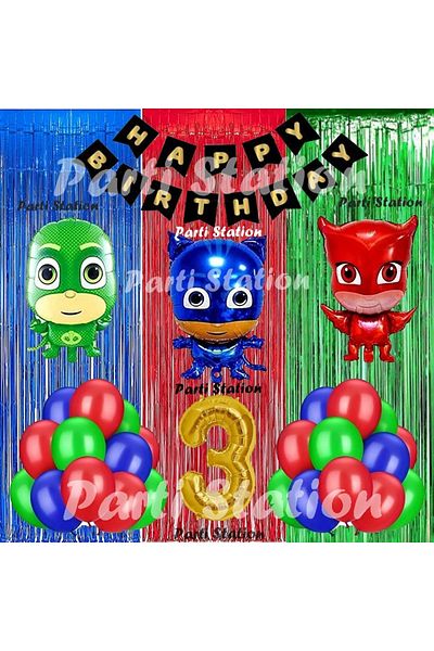 Parti Station PjMasks Balloon Set 3 Years Old PjMasks Cat Child Owl Girl Lizard Child Concept Birthday Balloon Set