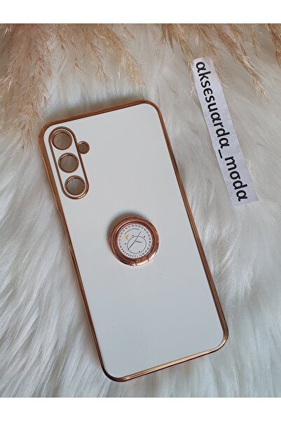 Aksesuarda Moda Samsung A34 Uyumlu Yüzüklü Standlı Gold Detaylı Lazer Kesim K...