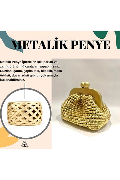 Prestij Boncuk Premium Leather Look Μεταλλική χτενισμένη βαμβακερή τσάντα και χόμπι πλεξούδα κλωστή χρυσό χρώμα