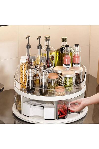 ATA life 360° Rotatable 2-Tier Kitchen Spice Rack Organizer and Organizer with Drawers Large Size