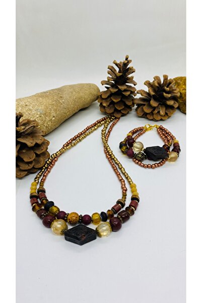 Porsuk Alternatif طقم أساور وقلادة نسائية مكونة من قطعتين من الخرز الخزفي بتص...