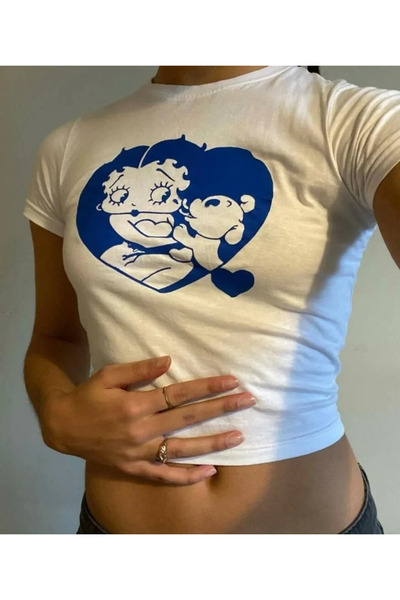 Gofeel White Betty Boop Dog Detail Half T-Shirt Body Crop