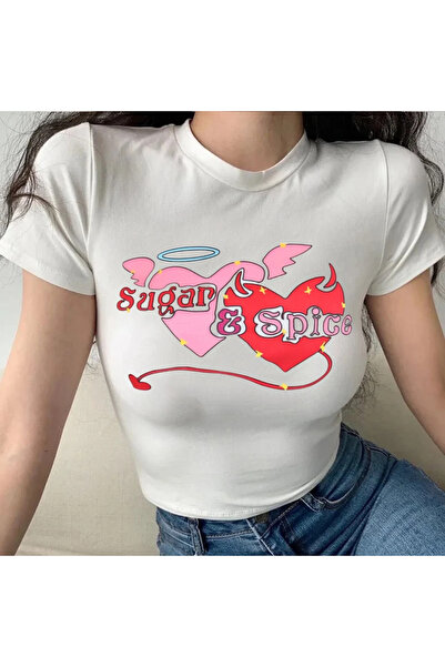 Gofeel White Sugar Spice Heart Detail Half T-Shirt Body Crop