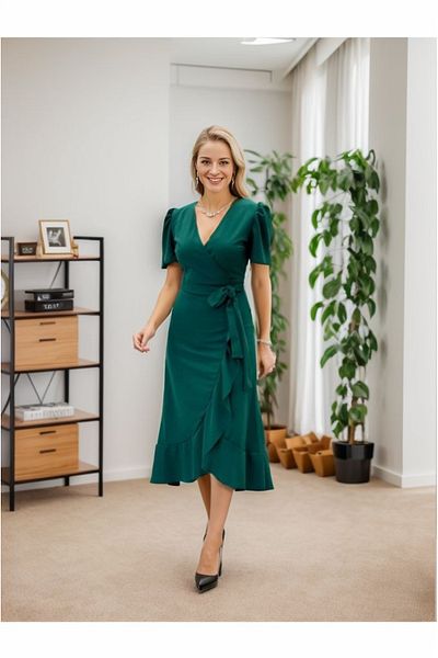 Kokosh moda Rochie de damă cu guler dublu cu brâu, lungime midi, din crepon, 120 cm