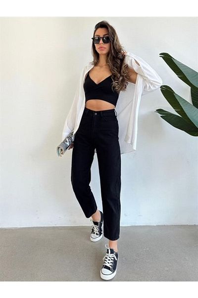 Geppetto Blugi Mom cu talie înaltă Femei - Negru Colorfast, Boyfriend Power Lycra