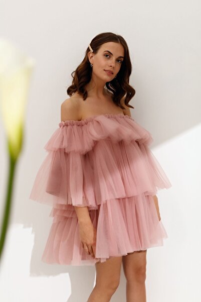 INDRESS STUDIO Kadın Tasarım Somon Renk Büzgülü Tül Elbise