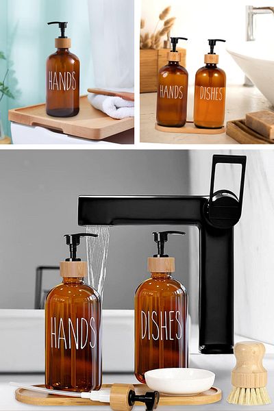 NEWNOW Barns Δοχείο σαπουνιού χεριών και πιάτων, 500 ml 500 ml Σετ διανομέα σαπουνιού κουζίνας με δίσκο μπαμπού, δοσομετρητής υγρού σαπουνιού