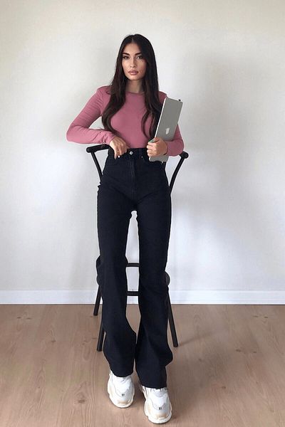 Geppetto Blugi Palazzo Lisa Jeans, negri, cu talie înaltă, confortabili, cu picioare largi, din denim