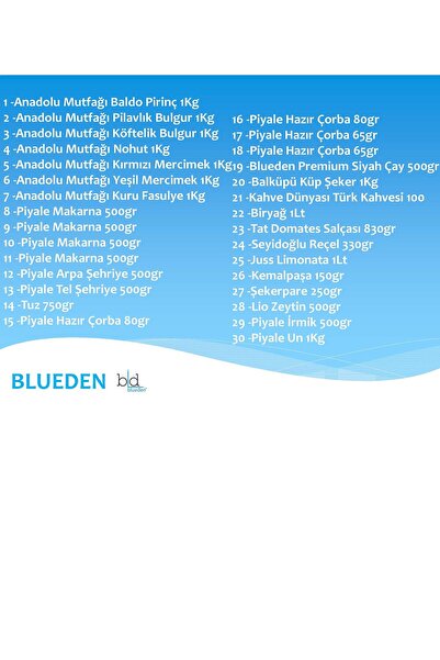 Blueden bd blueden - Ramazan Kumanya Yardım Erzak Kolisi 30 Parça 1 Nolu Paket - Blueden