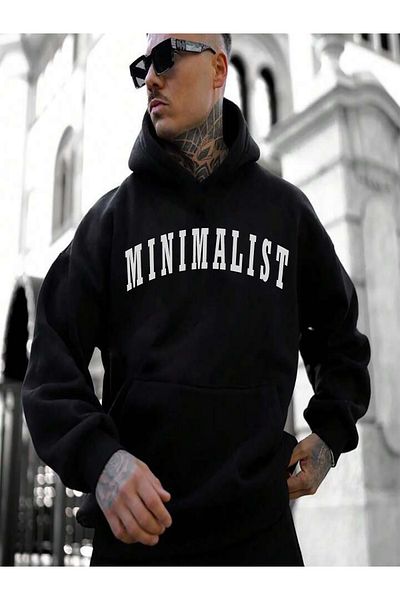 BEETON Minimalist 3 Thread Thick Winter Sweatshirt - Black Printed Oversize Hooded Hoodie