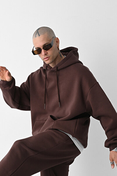 CMZ COLLECTİON سويت شيرت رجالي بني كبير الحجم مكون من 3 خيوط