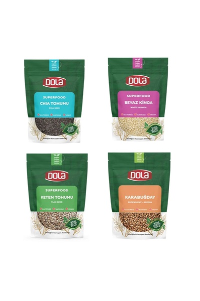 Dola Glutensiz 4’lü Tohum Seti, Chia Tohumu, Keten Tohumu, Beyaz Kinoa, Karab...