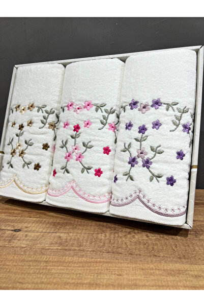 AYHANHOME 3'lü Nakış işlemeli Kutulu Çeyizlik 50x90 Kadife El Ve Yüz Havlusu