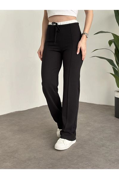 HARMONY GLOBAL Women's Waist Detailed Lace Up Transverse Neck Full Lycra Crepe Trousers 3837