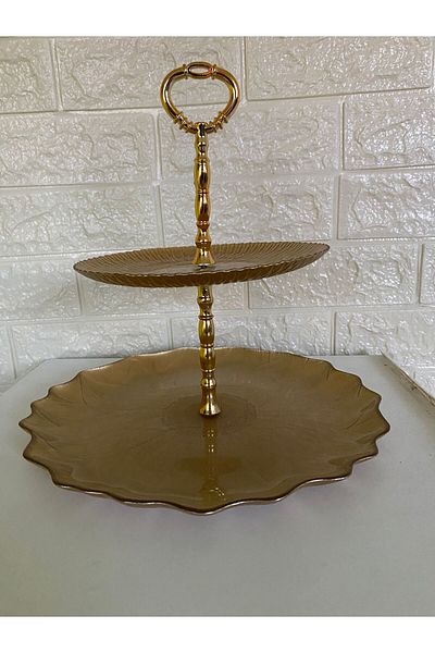 devigo 2 Tiers Round Presentation Rack 2 Tiers Gold Round Plate Presentation Stand