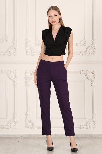 Seamoda Plus Size Women's Casual Elastic Waist Pocketed Crepe Skuba Carrot Cut Women's Elegant Pantalon-purple