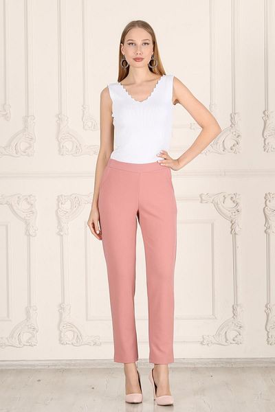 Seamoda Large Size Women's Daily Elastic Waist Pocketed Crepe Skuba Carrot Cut Women's Elegant Trousers-pink