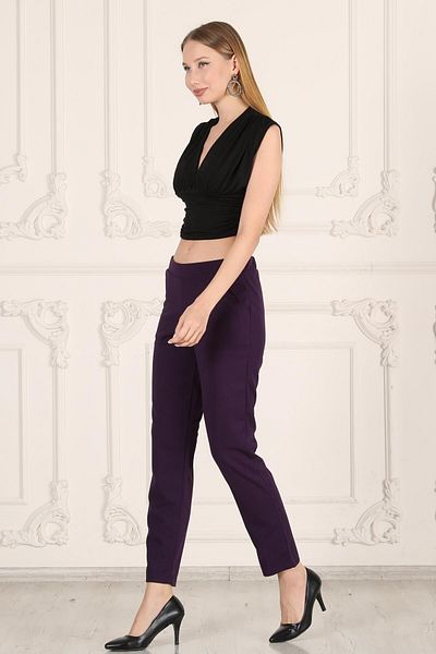 Seamoda Plus Size Women's Casual Elastic Waist Pocketed Crepe Skuba Carrot Cut Women's Elegant Pantalon-purple