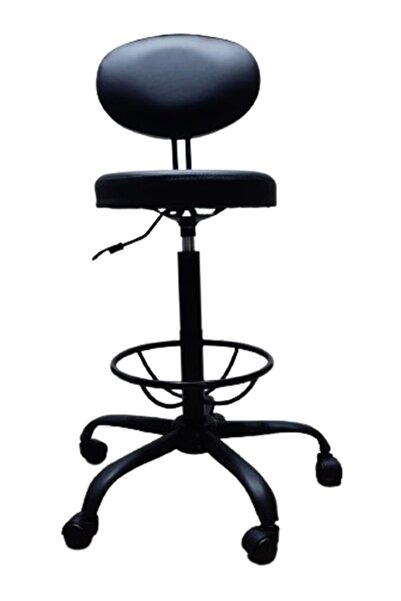 KamusalMarket Laboratuvar Taburesi Çemberli Sırtlıklı Siyah Metal Ayaklı