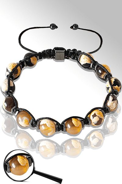 Tesbih Atölyesi Certified Hematite White Brown Agate Stone Bracelet - Tibetan Agate