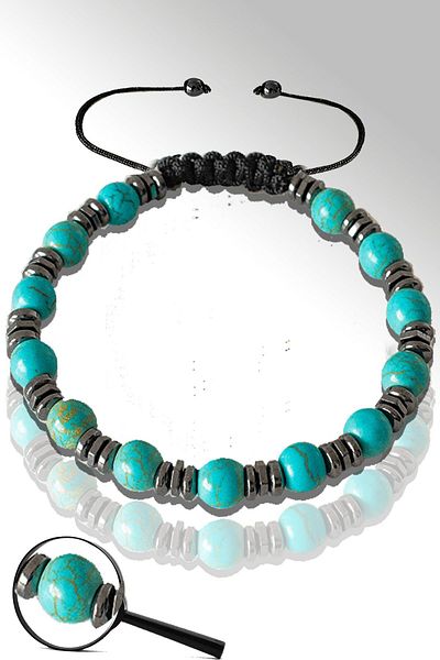 Tesbih Atölyesi Certified Hematite 6mm Natural Turquoise - Turquoise Stone Bracelet - Adjustable