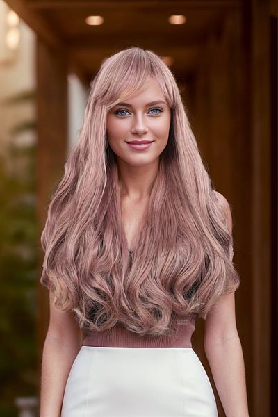 KONAK PERUK Dried Rose Fiber Synthetic Wig - Long Wavy and Bangs
