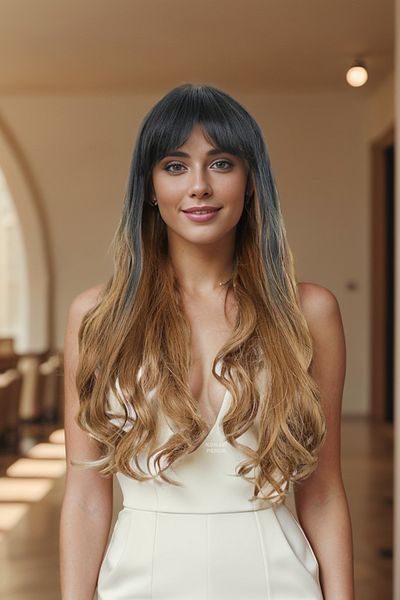 KONAK PERUK Long Wavy Fiber Wig with Bangs - Black / Caramel Ombreli