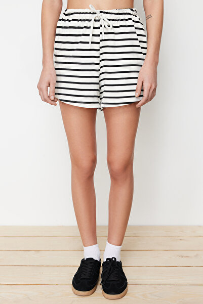 Trendyol Collection Black Striped Elastic Waist Basic Soft Button Knitted Shorts & Bermuda TWOSS24SR00042