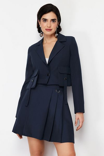 Trendyol Collection Navy Blue Pocket Detailed Crop Woven Blazer Jacket TWOSS24BC00035