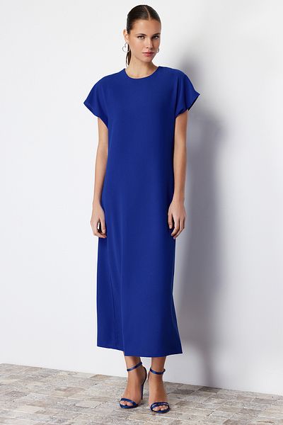 Trendyol Collection Rochie țesută Midi cu mânecă scurtă cu croială dreaptă albastră TWOSS24EL00455
