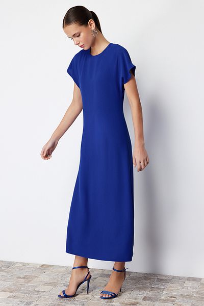 Trendyol Collection Rochie țesută Midi cu mânecă scurtă cu croială dreaptă albastră TWOSS24EL00455
