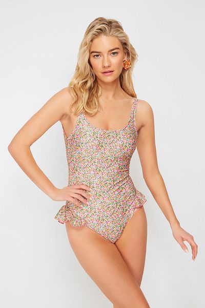 Trendyol Collection Regulärer Badeanzug mit Blumenmuster und Rüschen TBESS21MA0140