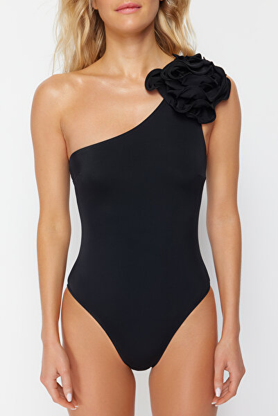 Trendyol Collection Black Single Shoulder Floral Applique Regular Swimsuit TBESS23MA00401