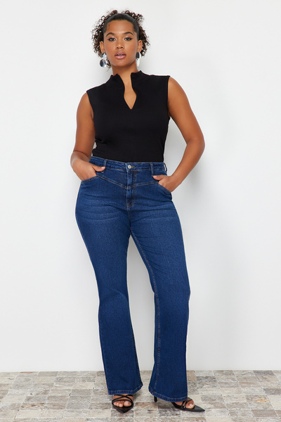 Trendyol Curve Black Zip 100% Cotton Corduroy Camisole Knitted Plus Size Blouse Tbbss24Af00040