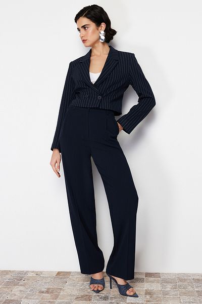 Trendyol Collection Navy Blue Polyviscon Striped Crop Premium Woven Blazer Jacket TWOSS24BC00009