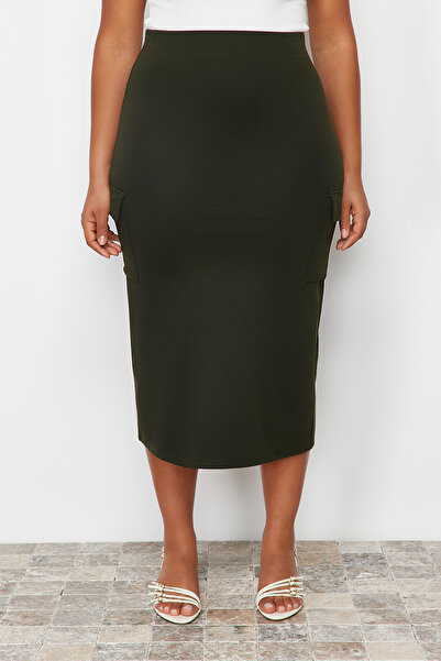 Trendyol Curve 100% pamut Khaki Midi kötött szoknya - Zseb részletes TBBSS24AZ00000