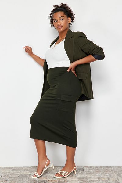 Trendyol Curve 100% pamut Khaki Midi kötött szoknya - Zseb részletes TBBSS24AZ00000