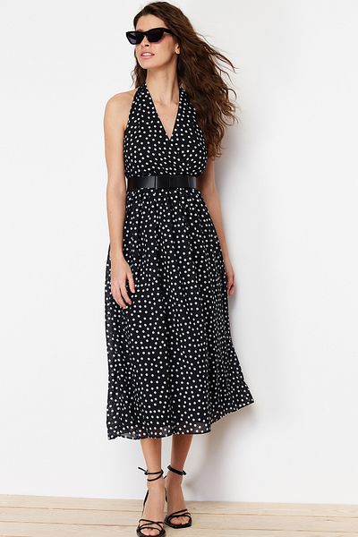 Trendyol Collection Black Belt Polka Dot Chiffon Lining Waist Opening Midi Woven Dress TWOSS24EL00228