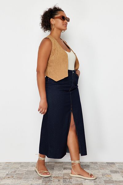 Trendyol Curve Dark Blue Slit Maxi Denim Skirt TBBSS24AZ00046