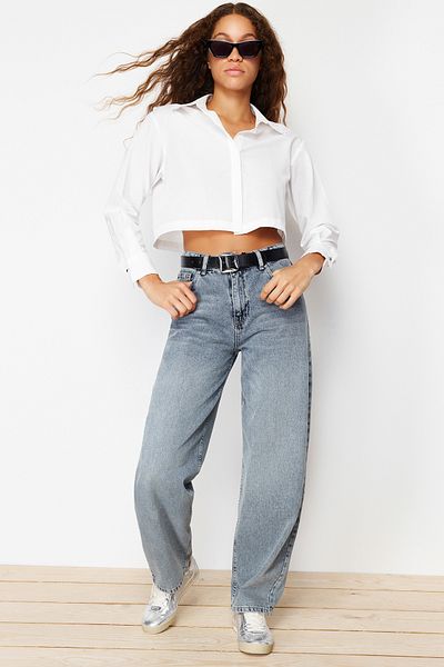 Trendyol Collection Πουκάμισο εκρού με πέτρα με λεπτομέρεια από βαμβακερό ύφασμα TWOSS24GO00109